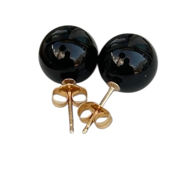 Vintage Jewelry - Solid 14K gold 11.8mm black onyx stud earrings